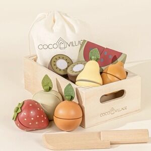 Coco Village Wooden Fruit Set with Crate Wood Toy Pretend Play Kitchen‎ Age 2+